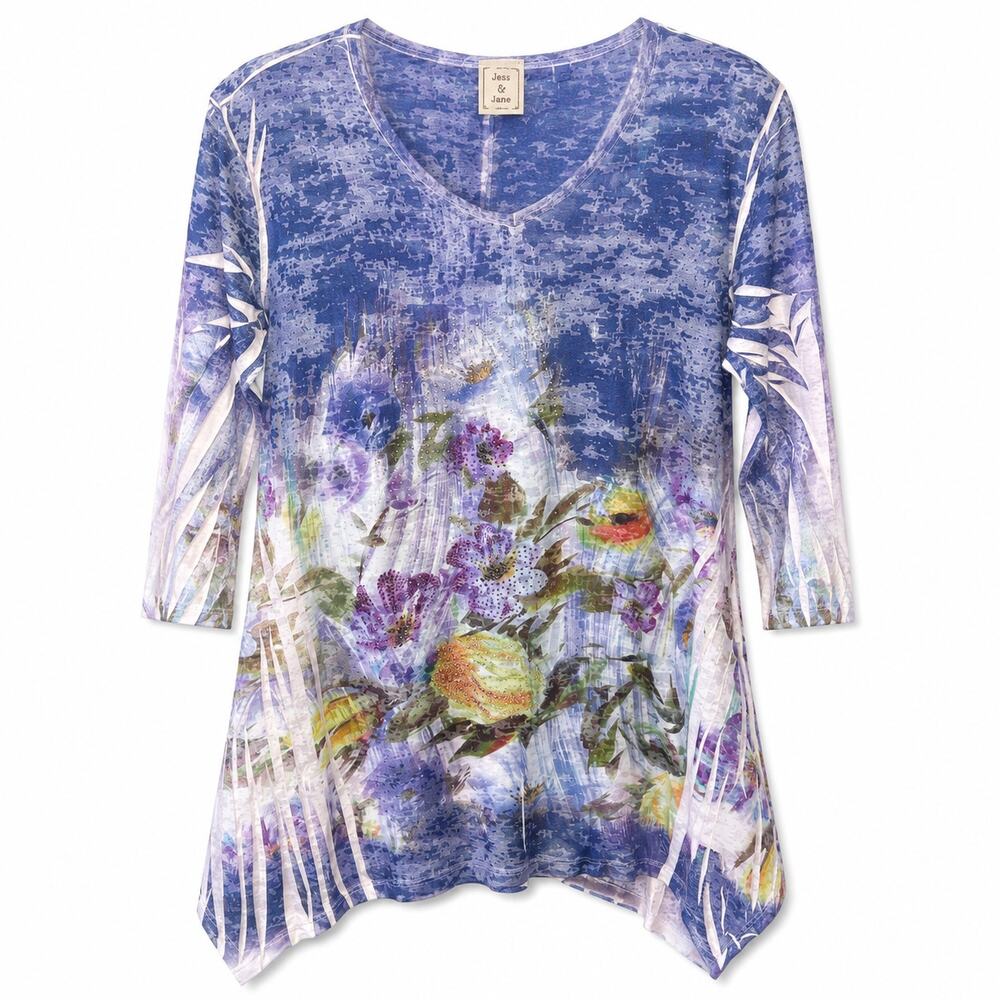 Jess and Jane Paloma Tunic Floral Watercolor Blue L Art to Wear Artsy Boho